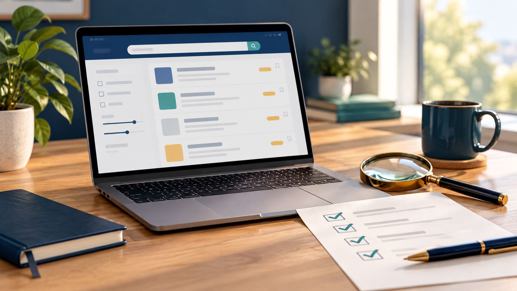 Job Search Websites checklist shown beside a laptop with search filters