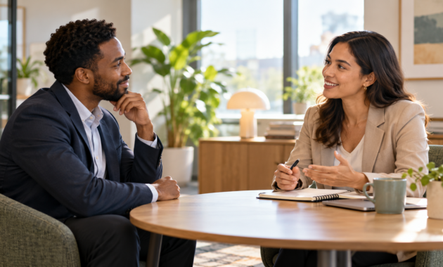 Questions to ask during an HR interview: a candidate speaks with a recruiter about role expectations and next steps.