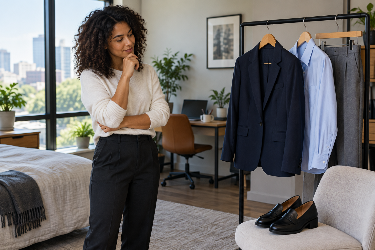 Candidate compares office outfits before a first day at work, thinking through a workplace dress code and asking, &ldquo;How strict is your office dress code?&rdquo;