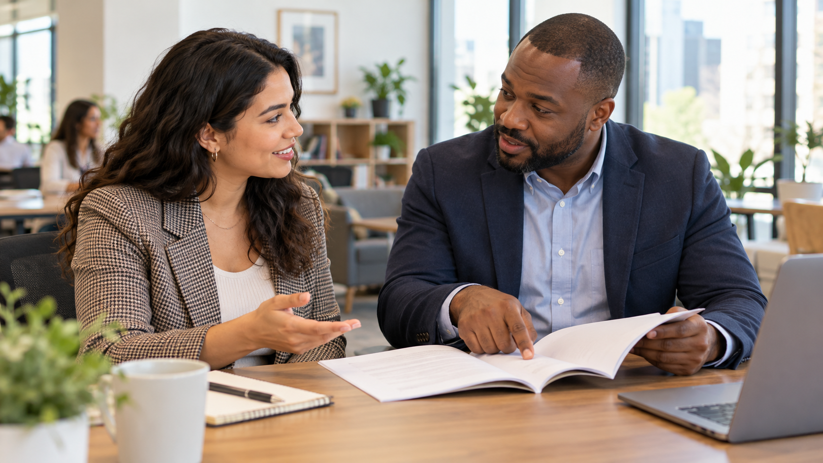 Employee and manager review a workplace dress code handbook together while answering, &ldquo;What is your company dress code?&rdquo;